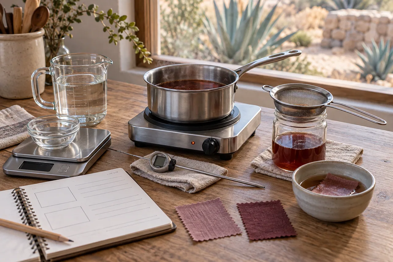 Illustrative small dye-yield test setup with a scale, measured water, heated dye pot, thermometer, strainer, notes, and fabric swatches