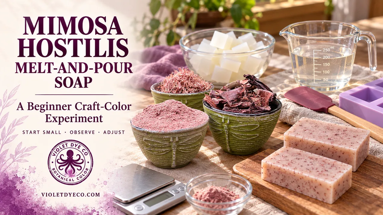 Illustration of melt-and-pour supplies, Mimosa hostilis bark forms, and example bars alongside the words Start Small, Observe, Adjust