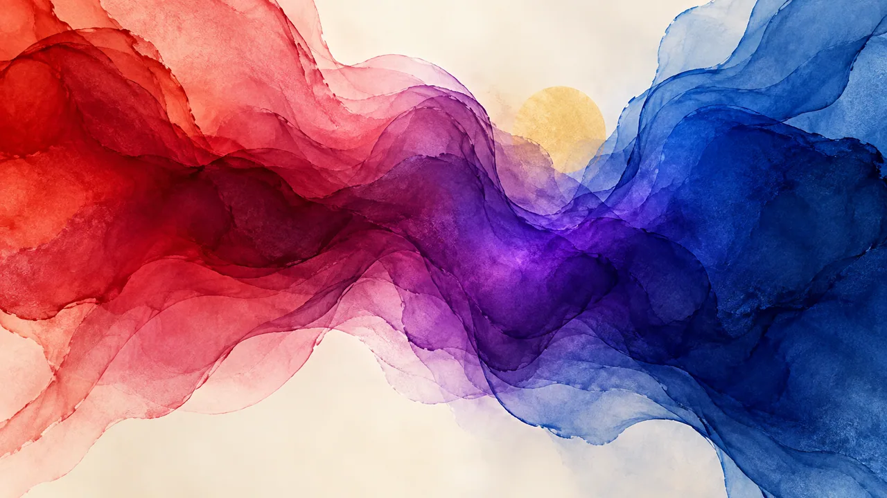 Abstract watercolor folds moving from coral red through violet to deep blue around a small gold circle