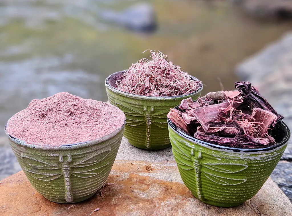Mimosa hostilis root bark powder, shredded bark, and chips in green ceramic bowls on a creekside rock.